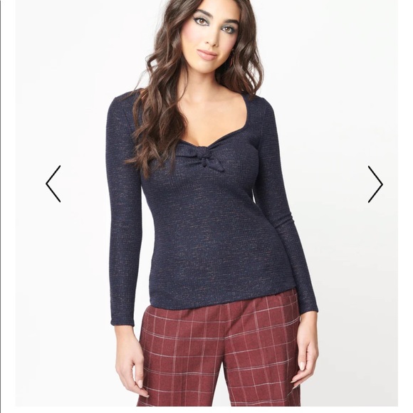 Unique Vintage Navy Blue Tweed Maxine Top - Picture 2 of 8